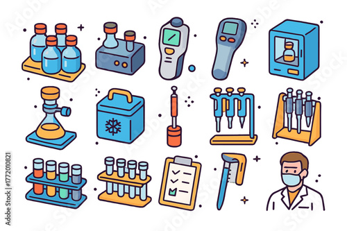 Wastewater Lab Icons. Wastewater laboratory testing. Colorful isometric vector icons set of Wastewater laboratory testing: BOD bottles, COD reactor, turbidity