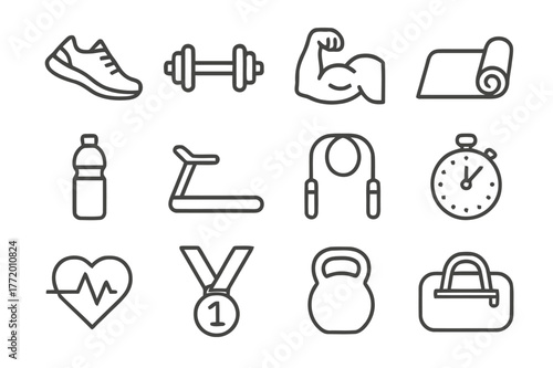 Exercise Icon Set. Exercise inspiration. Line icon set of exercise inspiration: running shoe, dumbbell, flexed bicep, yoga mat, water bottle, treadmill, jump