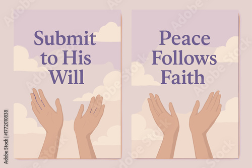 Peaceful Surrender Banners. Surrender. Two vertical A6 banners with safe margins, centered composition, no elements touching edges, pastel, lavender and cream,
