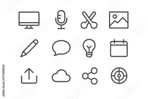 Content Creation Icons. Content creation. Line icon set of content creation: computer, microphone, editing scissors, image frame, pen, speech bubble, idea