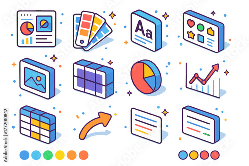Colorful Presentation Icons. Presentation visuals and data. Colorful isometric vector icons set of Presentation visuals and data: infographic panel, color