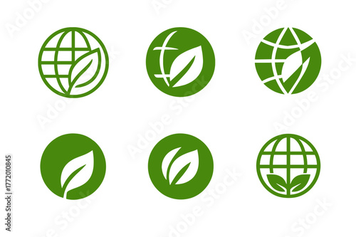 Ecology Logo Variations. Ecology. Set Logo of Ecology: leaf within globe. harmonious logo variations of the same emblematic concept, each with different