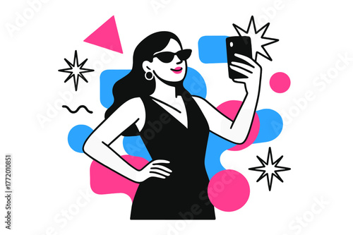 Glamorous Selfie Moment. Celebrity Influencer. Person taking a selfie with camera flashes and floating abstract geometric shapes, glamorous and stylish moment.