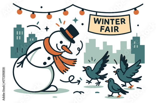 Snowman in Winter Fair. Snowman ? City Square. Minimal skyline, string lights above; a snowman entertains pigeons with a jaunty bow. Banner reads ?winter
