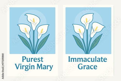 Immaculate Banners of Grace. Immaculate Purity. Two vertical A6 banners with safe margins, centered composition, no elements touching edges, flat vector