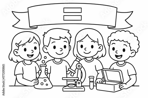 Kids Sharing Science. Gender equality children?s coloring book illustration, outlined drawing, kids of all genders sharing a science kit with an equals sign