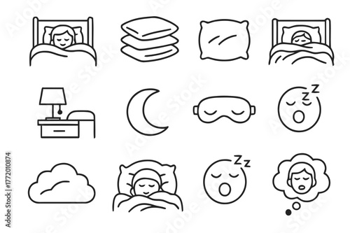 Bedtime Icons Collection. Soft, Fluffy Pillows Surrounding Someone in Bed. Line icon set of Soft, Fluffy Pillows Surrounding Someone in Bed: bed frame,