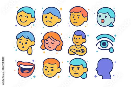 Emotional Expressions Grid. Portraits of emotion. Colorful isometric vector icons set of portraits of emotion: joyful face, sad face, angry face, surprised