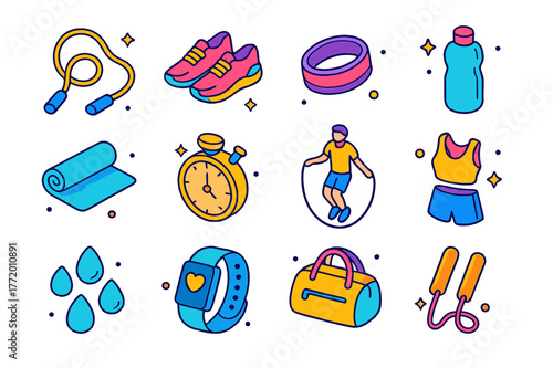 Jumping Exercise Icons. Jumping exercise. Colorful isometric vector icons set of jumping exercise: skipping rope, sneakers, sweatband, water bottle, gym mat,