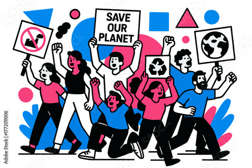 Eco Protest Artistry. Environmental Protests. Street filled with demonstrators holding eco-friendly signs with floating abstract geometric shapes, vibrant and