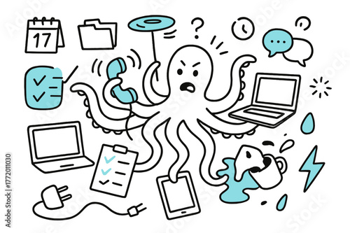Multitasking Chaos Doodle. // Multitasking chaos. Hand-drawn doodle illustration Multitasking chaos [octopus arms (accented), phone ringing (accented), laptop,