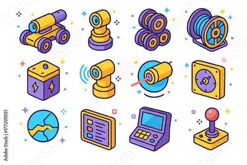 Pipeline Inspection Icons. Pipeline inspection robots. Colorful isometric vector icons set of Pipeline inspection robots: CCTV crawler robot, pan-tilt camera
