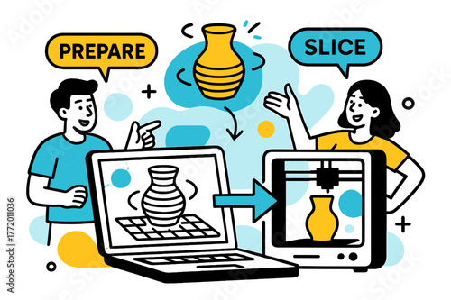 3D Printing Workflow. Slicer Preview. Laptop shows sliced cross-sections with path lines; a model rotates as tags read ?prepare? and ?slice?. Clean arrows