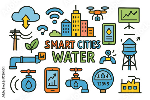 Smart Cities Water. Smart Cities Water. Colorful Hand-drawn doodle Children illustration Smart Cities Water city skyline, smart pipe, IoT sensor, data cloud,