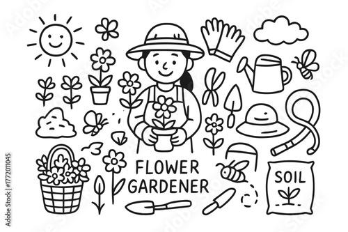 Flower Gardener Doodles. Flower gardener. Hand-drawn doodle illustration flower gardener flowers, pot, watering can, gloves, shears, hat, spade, soil bag,