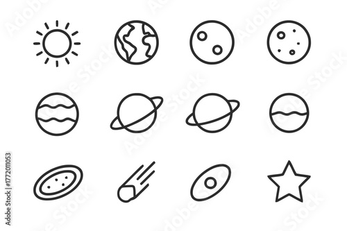 Solar System Icons. Solar system. Line icon set of solar system: sun, earth, moon, mars, jupiter, saturn, uranus, neptune, asteroid belt, comet, orbit path,