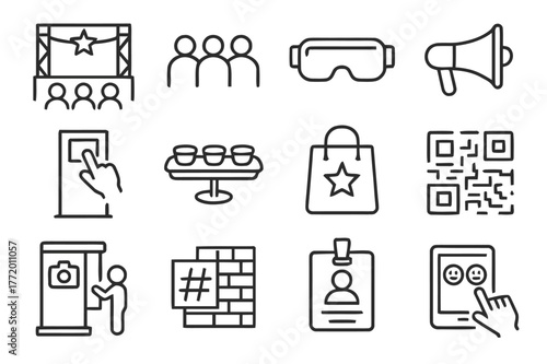 Experiential Marketing Icons. Experiential Marketing. Line icon set of experiential marketing: brand stage, audience, vr headset, touchscreen kiosk, photo
