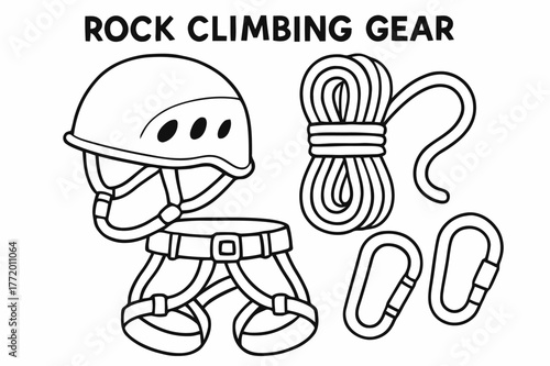 Rock Climbing Gear. Rock climbing gear children?s coloring book illustration, outlined drawing, set of safety helmet, rope, harness, and carabiners neatly