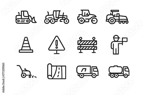 Road Construction Icons. Road construction. Line icon set of road construction: bulldozer, grader, roller, asphalt spreader, dump truck, traffic cone, warning
