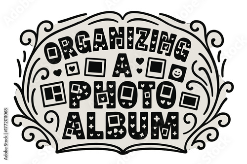 Memory Album Typography. Decorative Display Lettering ? "Organizing a Photo Album" with silhouette letters containing tiny polaroids, photo frames, hearts, and