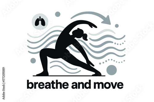 Dynamic Silhouette Flow. Exercise ? Flexibility & Flow. Silhouette stretches in smooth arc lines; waves and motion dots ripple outward. Label ?breathe and