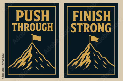 Motivational Mountain Banners. Perseverance. Two vertical A6 banners with safe margins, centered composition, no elements touching edges, bold, navy and gold,