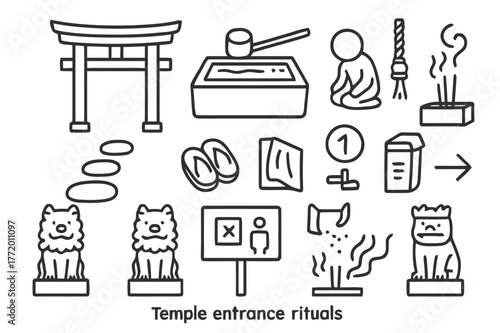Temple Ritual Elements. Temple entrance rituals. Hand-drawn doodle illustration Temple entrance rituals torii gate, purification ladle, water basin, bowing