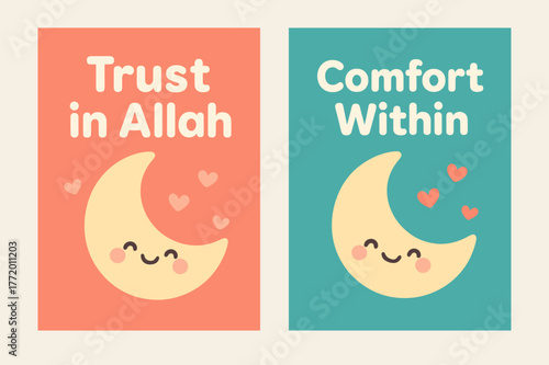 Tawakkul Kawaii Banners. Tawakkul Peace. Two vertical A6 banners with safe margins, centered composition, no elements touching edges, kawaii, coral and teal,