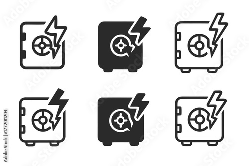 Cyber Security Logos. Cyber loss risk. Set Logo of Cyber loss risk: data vault with breach. harmonious logo variations of the same emblematic concept, each