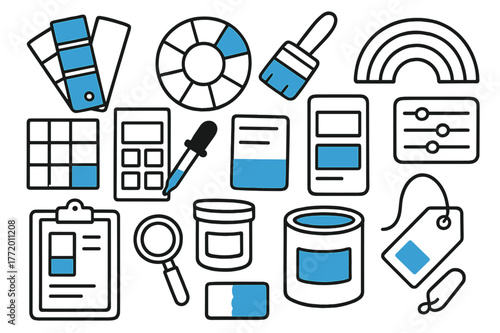 Color Matching Tools. Paint color matching. Hand-drawn doodle illustration paint color matching [paint chips fan (accented), color wheel (accented), brush, can