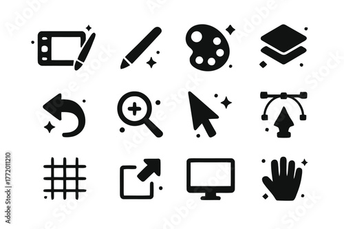 Digital Sketch Icons. Digital Sketching. Solid icons set of Digital Sketching: tablet, stylus pen, color palette, layers icon, undo arrow, zoom tool, brush