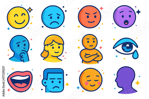 Emotional Expressions Grid. Portraits of emotion. Colorful isometric vector icons set of portraits of emotion: joyful face, sad face, angry face, surprised