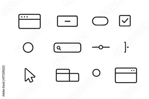 UI Icon Set. User Interface. Line icon set of User Interface: window frame, dropdown menu, toggle switch, checkbox, radio button, search bar, slider, scroll