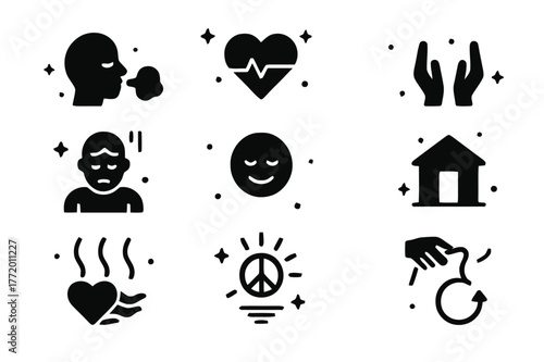 Icons of Calmness. Relief after stress. Solid icons set of relief after stress: exhale cloud, heart pulse returning to calm, open hands gesture, shoulders