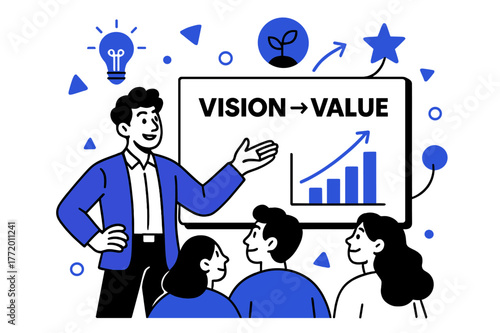 Vision to Value. Developing a Business Pitch Deck. A presenter gestures toward clean slides featuring graphs and key phrases; a large title reads ?Vision >