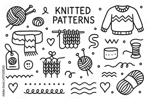 Knitted Patterns Doodles. Knitted patterns. Hand-drawn doodle illustration knitted patterns yarn ball, needles, loops, stitch lines, sweater, scarf, zigzag,