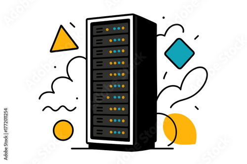 High-Tech Server Art. Server Rack. Tall server rack with glowing lights and floating abstract geometric shapes, modern and high-tech scene. Modern flat-line