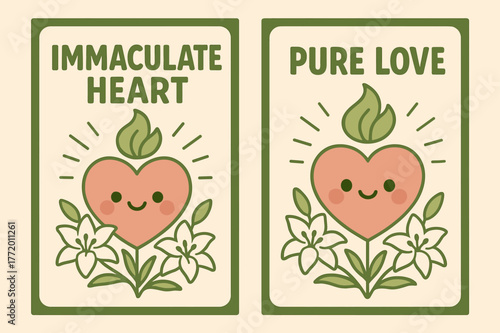 Kawaii Heart Banners. Immaculate Heart. Two vertical A6 banners with safe margins, centered composition, no elements touching edges, kawaii, olive green and