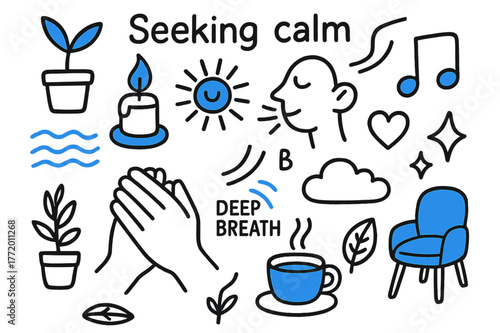 Calm Symbols Illustration. // Seeking calm. Hand-drawn doodle illustration Seeking calm [hands clasped (accented), deep breath lines (accented), plant, candle