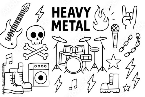 Heavy Metal Icons. Heavy metal music. Hand-drawn doodle illustration heavy metal music electric guitar, skull, lightning bolt, amplifier, speaker, drum set,