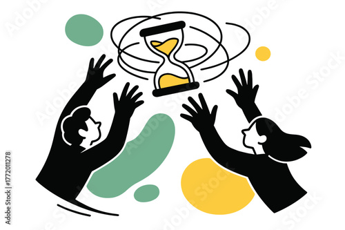 Chasing Time. Grasping Shadows. Outstretched arms try to catch a floating hourglass whose sand resets mid-fall. Soft motion lines loop back on themselves.