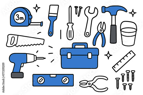 DIY Doodle Tools. // Home improvement tools. Hand-drawn doodle illustration Home improvement tools [tape measure (accented), paintbrush (accented),