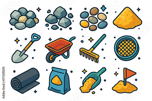 Colorful Gravel Icons. Gravel. Colorful isometric vector icons set of Gravel: gravel stones, crushed rock, pebble mix, aggregate pile, shovel, wheelbarrow,