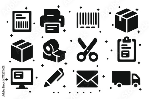 Parcel Icon Grid. Parcel Labeling. Solid icons set of Parcel Labeling: shipping label, printer, barcode, package, box, tape dispenser, scissors, clipboard,