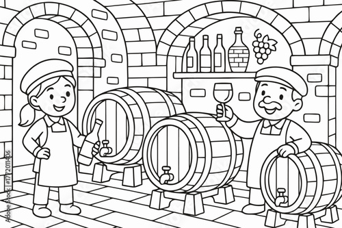 Colorful Wine Cellar Fun. wine cellar with barrels children?s coloring book illustration, outlined drawing, a cozy wine cellar with big barrels and happy wine