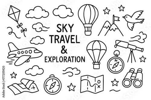 Sky Adventure Icons. Sky travel and exploration. Hand-drawn doodle illustration Sky travel and exploration airplane, balloon, kite, clouds, sun, mountain,