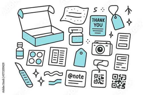 Product Seeding Essentials. // Product seeding kit. Hand-drawn doodle illustration product seeding kit [mailer box (accented), tissue paper, thank-you card