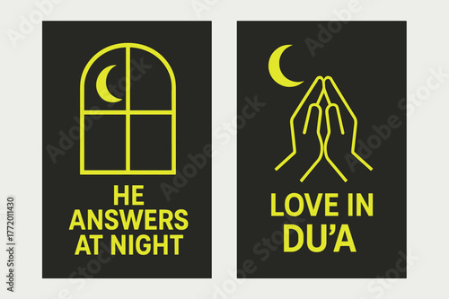 Night Prayers Banners. Night Prayers. Two vertical A6 banners with safe margins, centered composition, no elements touching edges, geometric, charcoal and neon