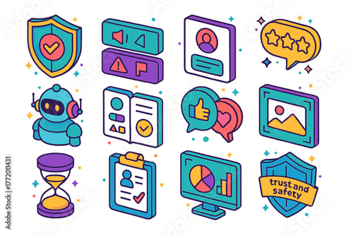 Cyberbullying Prevention Icons. Cyberbullying prevention in games. Colorful isometric vector icons set of Cyberbullying prevention in games: anti-bullying