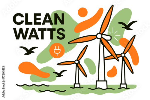 Offshore Wind Symphony. Offshore Wind Turbines. Slow-blade giants turn above gentle waves as seabirds trace tidy arcs; ?Clean Watts? hovers near a cable icon.